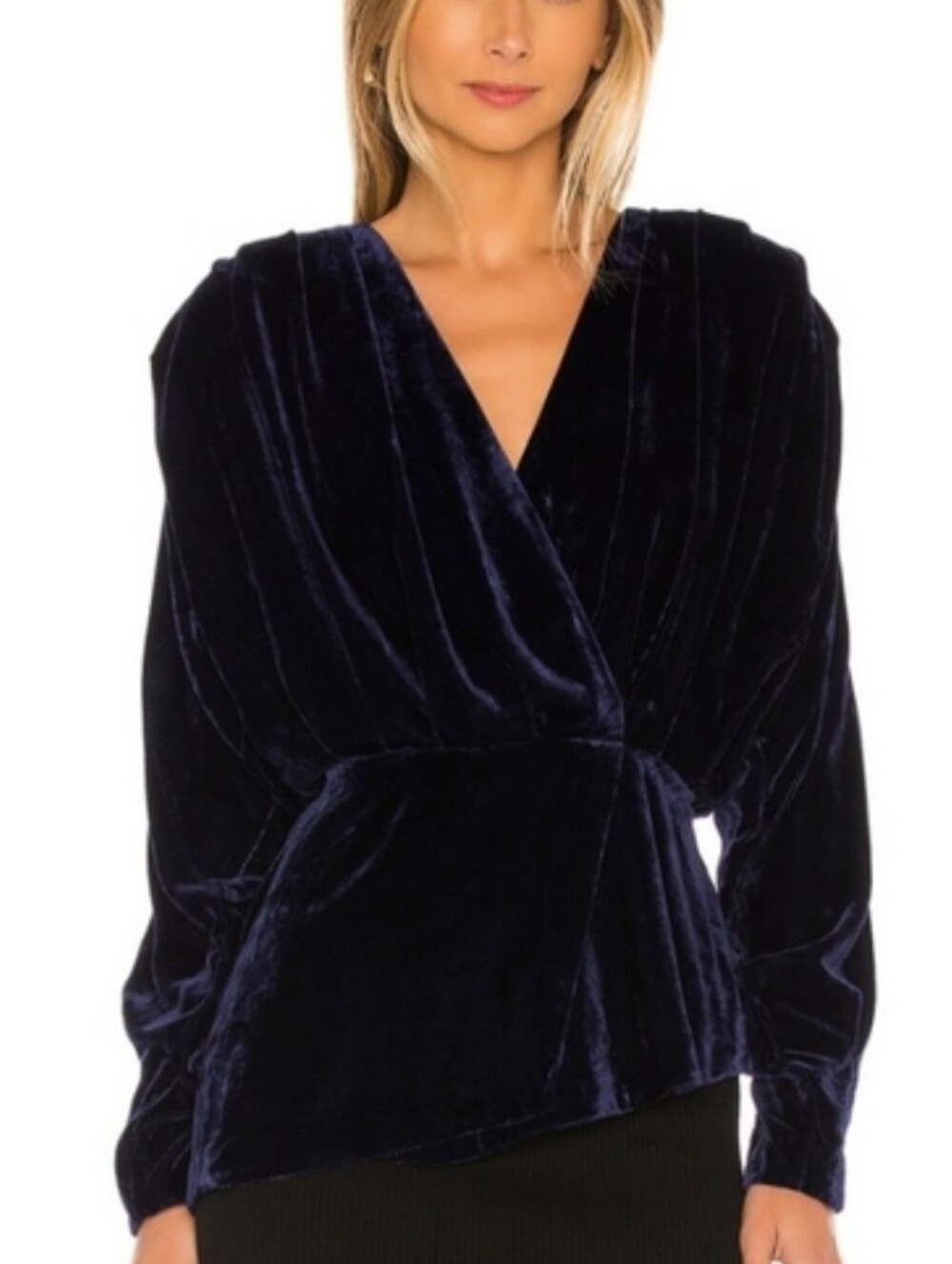 Revolve L'acadamie Benae Velvet Wrap Blouse in Deep Navy